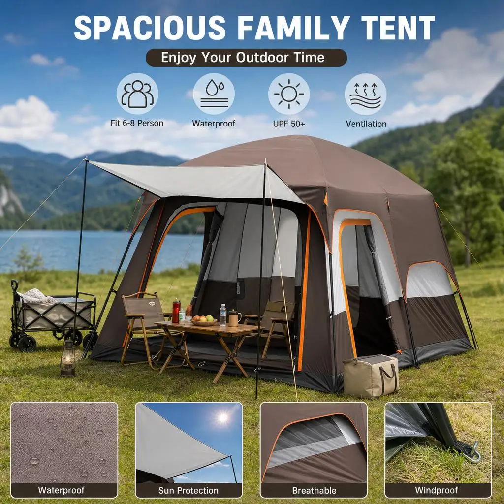 Kaffeebraunes Outdoor-Familienzelt mit doppellagigem Oxford-Gewebe, wasserdicht für Camping und Picknick