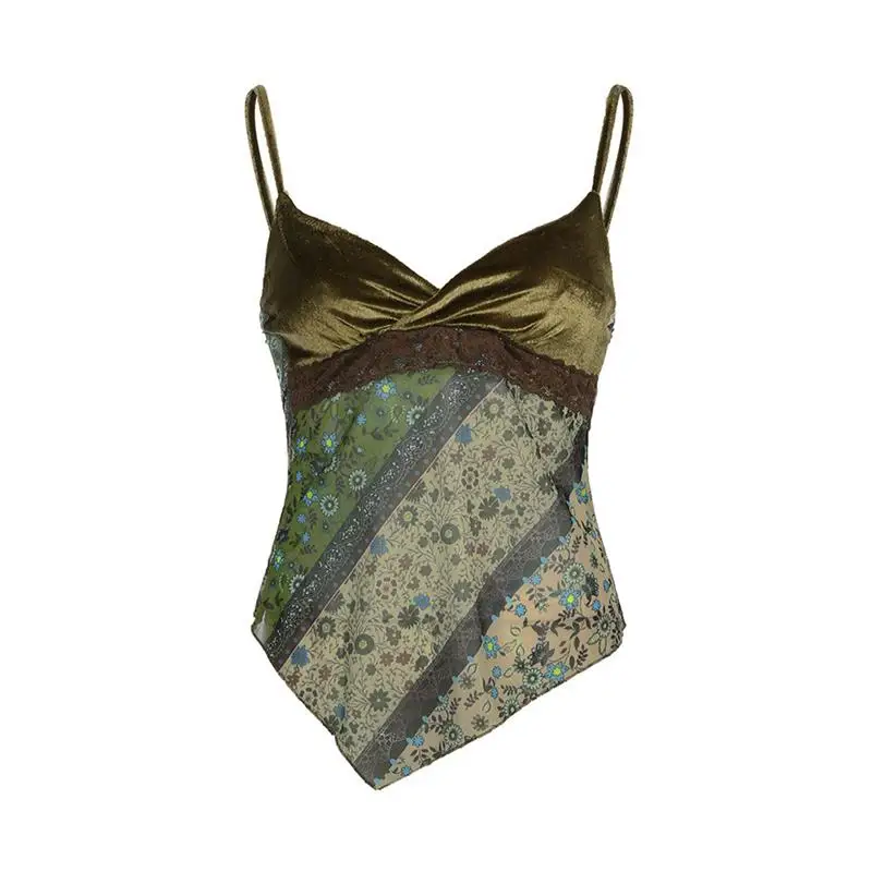 Ceco Midi con Estampado Floral Retro, Tirantes Asimétricos, Escote en V, Diseño con Ribete de Encaje, Moda Femenina para l...