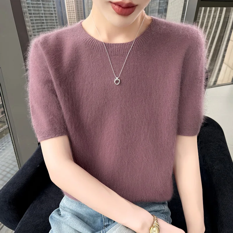 

Новинка 2025 года, вязаный свитер с короткими рукавами из 100% чистого норкового кашемира, женская свободная футболка с круглым вырезом, пуловер, простая рубашка с джокером