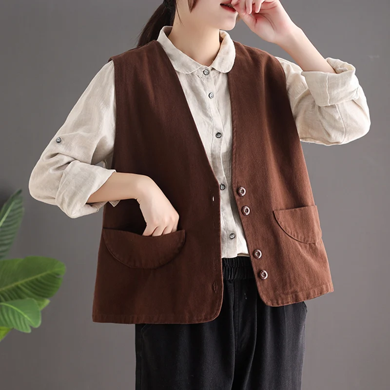 Chaleco de algodón completo vintage de primavera, camiseta sin mangas artística de talla grande para mujer, chaleco de color con un solo botón de talla grande, ort J...
