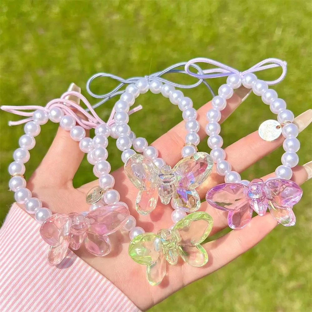 Sweet Butterfly Pearl Scrunchie Colorful Fashion Butterfly Beaded Bangles High Appearance Level Elastic Hair Rope Girl