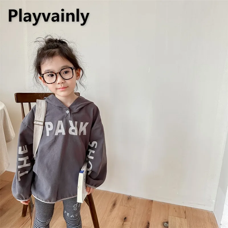 

Детские топы с капюшоном серого цвета хаки с буквенным принтом и длинными рукавами, свободный пуловер с капюшоном для мальчиков и девочек, повседневные пальто на весну и осень A3520