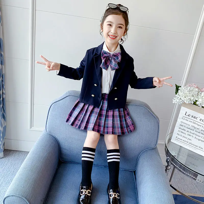 Ragazze College Style JK uniforme gonna a pieghe + camicie + cappotto invia calzino cravatta 2023 estate bambini grandi bambini scuola studente panni della tuta