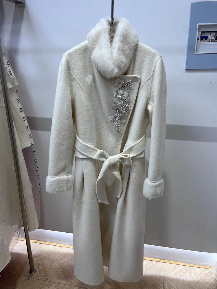 Chaqueta de invierno con puños y cuello de piel de visón Natural para mujer, abrigo de lana de Cachemira para mujer, ropa de calle con flores y perlas, abrigo de piel auténtica