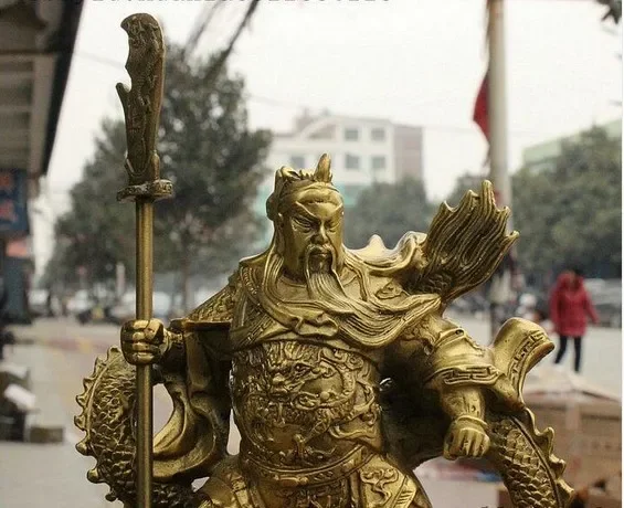 China Brass Dragon Robe Stand Dragon Warrior Guan Gong Yu Door-God Sword Statue