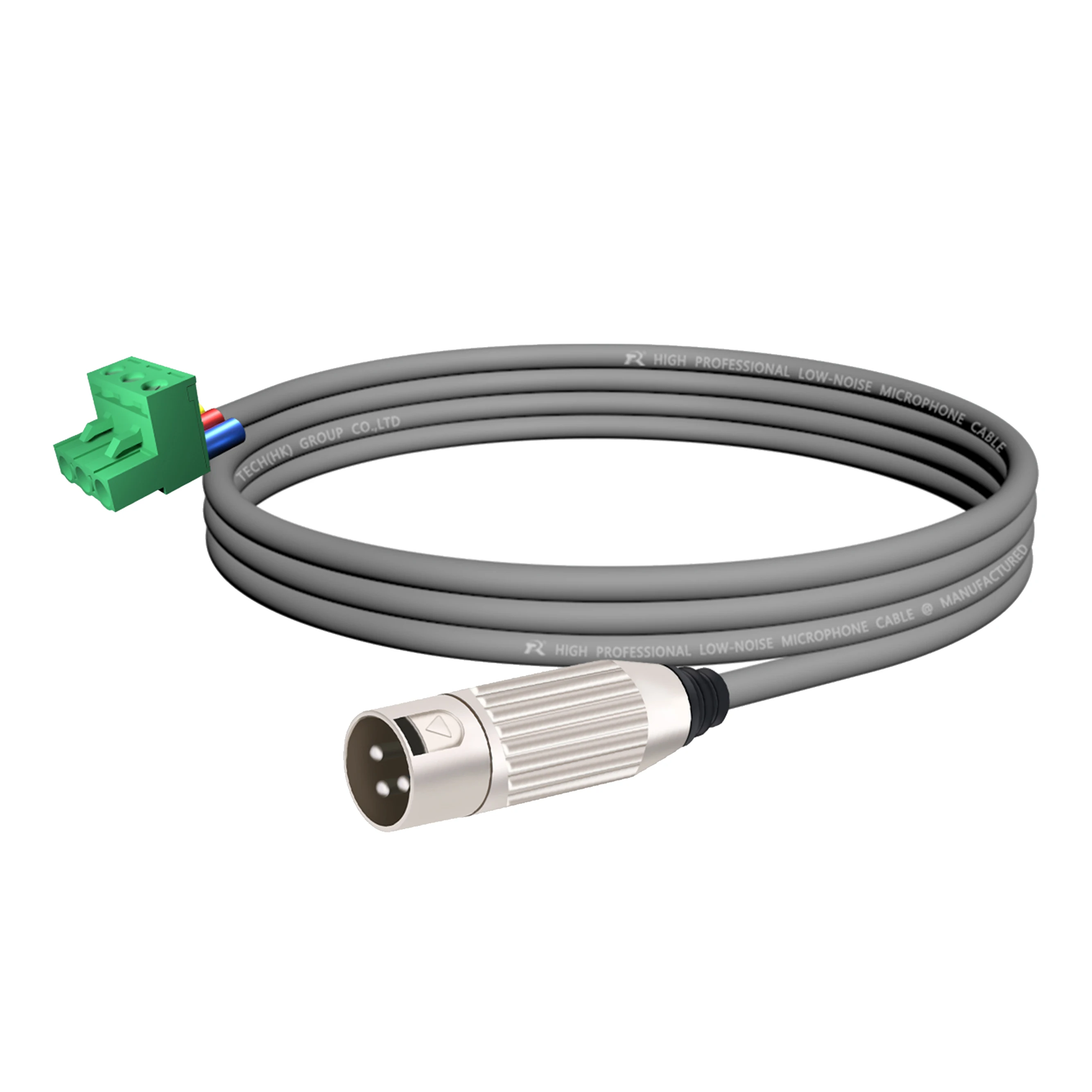 3-poliger Phoenix-Stecker, verbunden mit einem versilberten XLR 3-poligen Stecker, farbcodiertes Kabel, geeignet für professionelle Audiogeräte. – Detail 6
