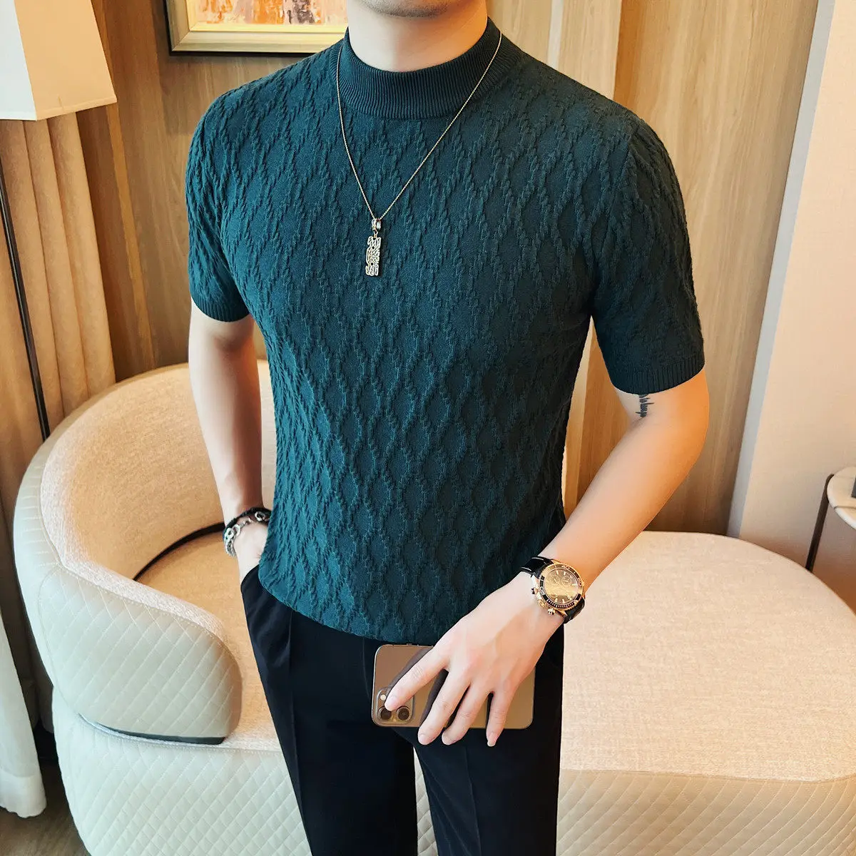 Summer Small Round Neck Knitted T-shirt for Men Slim Fit Versatile Casual Knitted Sweater Business Social Tee Tops Men Clothing