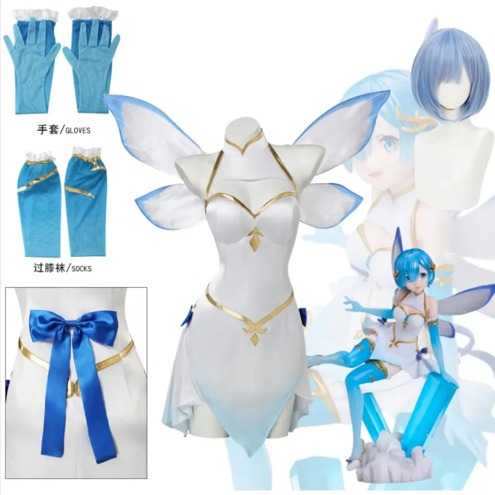 Re:Zero Starting Life in Another World Rem Flower Fairy Cosplay Costume Elegant White‑Blue Dress Accessories Character Outfit