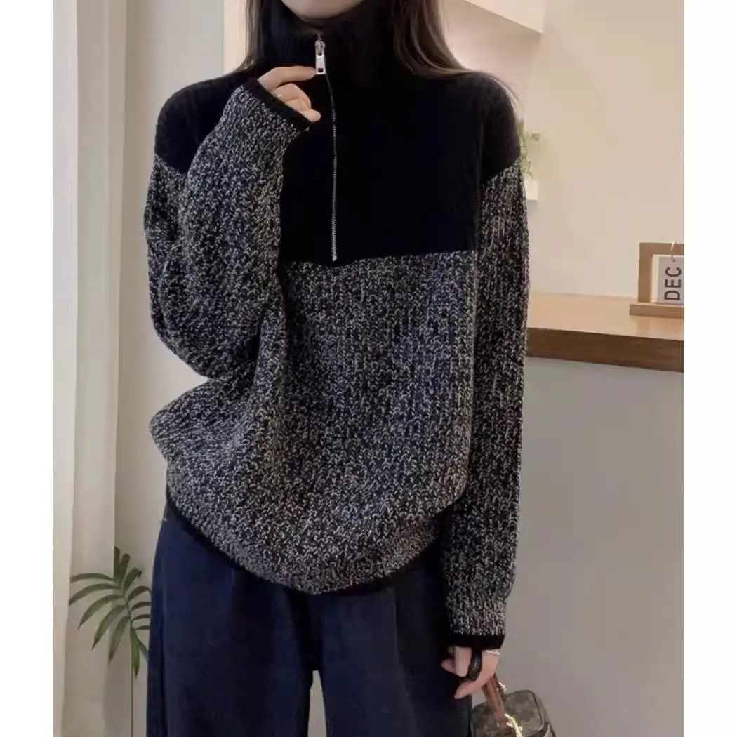 European semi-high collar zipper 100% wool sweater women's color block thickened high-end loose knitted cashmere sweater
