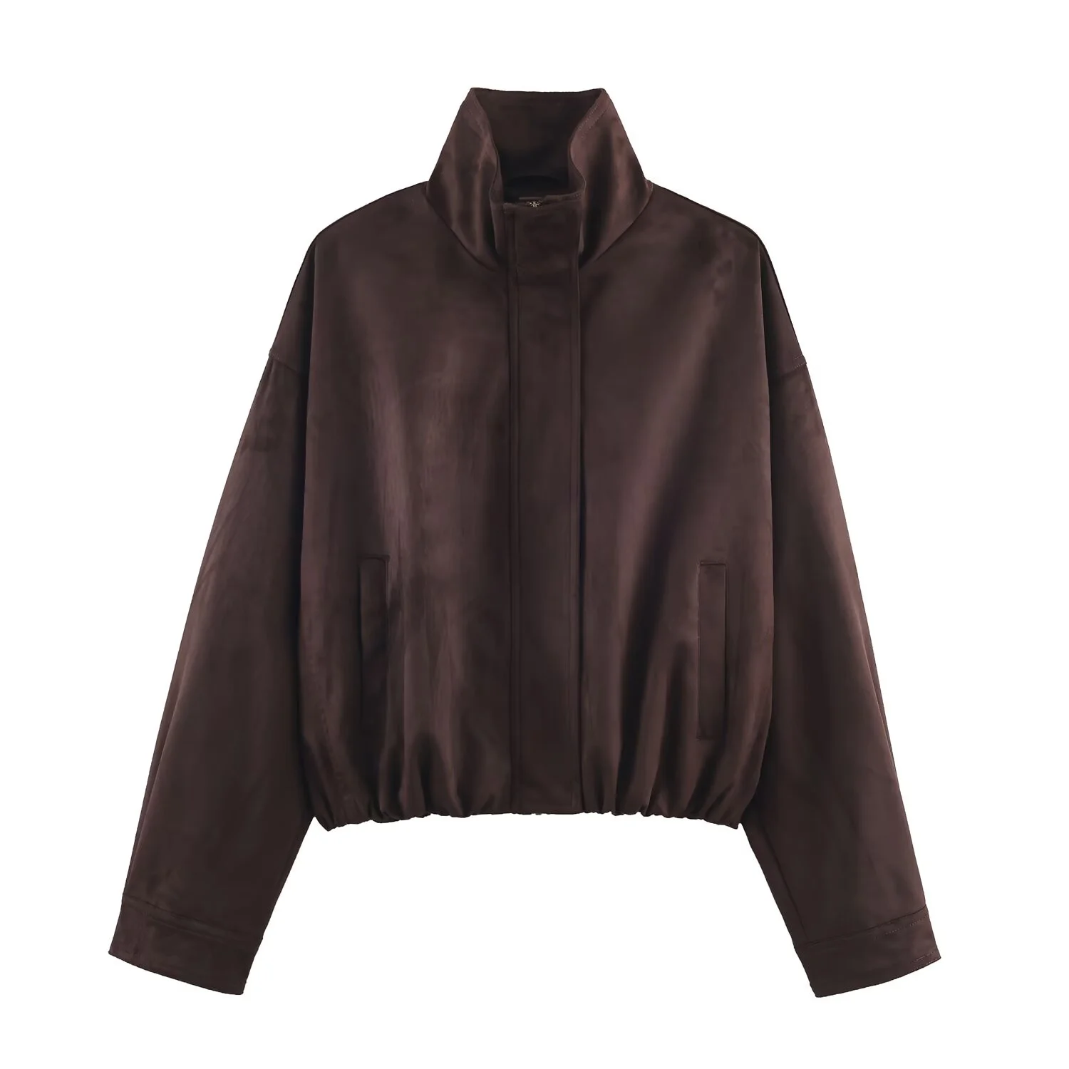 

2025 зимняя новая женская повседневная модная простая плиссированная замшевая куртка-бомбер с воротником-стойкой и длинными рукавами