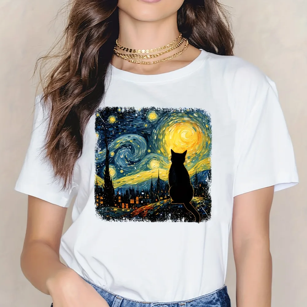 Women Round Neck T-Shirt Van Gogh Starry Night Perfect Gift for Cat Lovers Fashionable Print Urban Style Printed T-Shirt Trendy