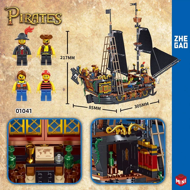 Historical Pirates MOC ZHEGAO 01041 Priate Ship Sailboat Model 1328PCS Building Blocks Brick Puzzle Toys for Children Kids Gift