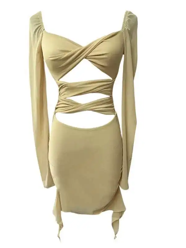 WOMENGAGA Fee Kleid Sexy Spicy Girl Aushöhlen Low Cut Einfarbig Elastische Langarm Kurze Enge Kleid Elegante Korea M8OM