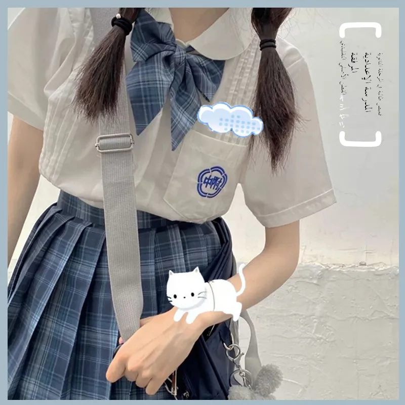 

White Short Sleeve Uniform Shirt for Women Students School Uniform Style Cotton Pure Color Versatile Stand Collar Button Detail