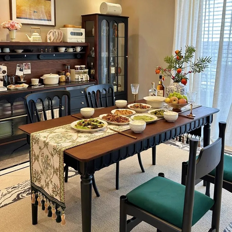 French solid wood retro dining table black board table household oval small apartment American foldable long table medieval