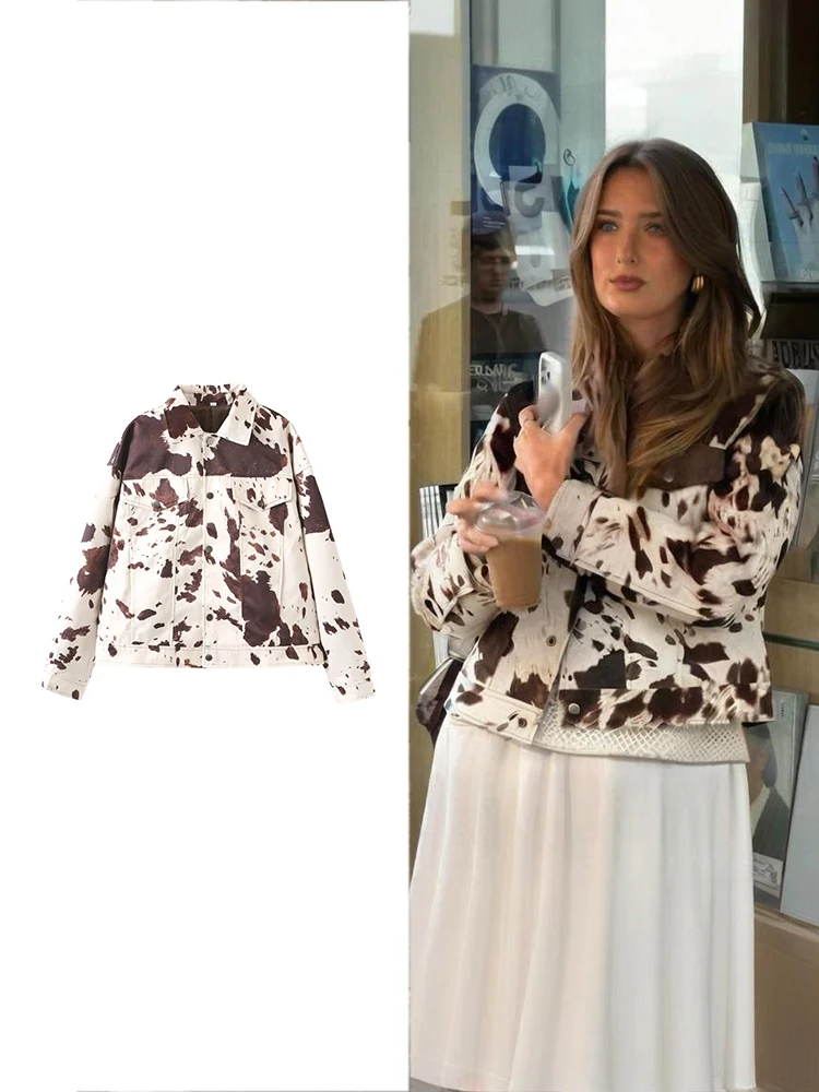 

TRAF Women's Fashion Spot Printed Lapel Short Jacket Chic Single Breasted Long Sleeve Coat Autumn Commuter Retro Printed Jacket