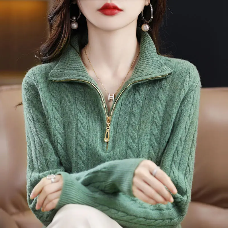 Pull zippé à demi-col roulé pour femme, haut à manches longues, pull chaud, lignes ondulées monochromes, polyvalent, automne et hiver, nouveau