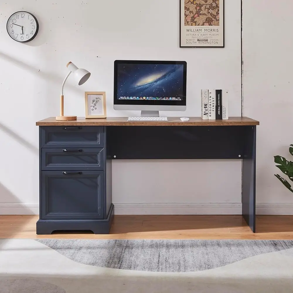 

60 Executive Corner Desk with Charging Port, Dual Drawers & File Cabinet - Blue Home/Office Computer Desk