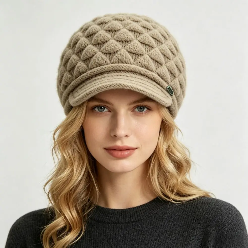 New Diamond Pattern Women's Winter Visor Beanie Soft Lined Extended Sides Ski Cap Relaxed Warm Newsboy Knit Cap Running
