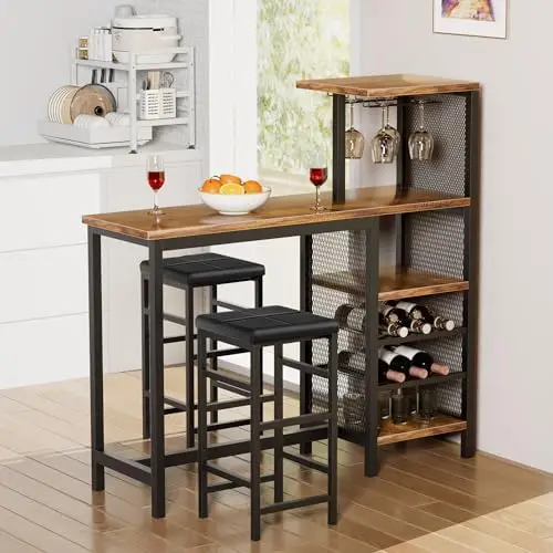 Bar Table and Chairs Set for 2, 3-Piece Dining Set with Storage Shelves, Cup Holder & Wine Rack, PU Leather Cushion
