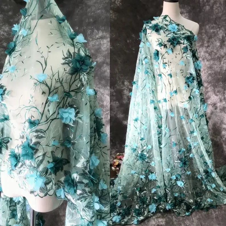 

Gorgeous Beaded 3D Flowers Lace fabric Beading flower embroidery Tulle Dress Bridal Veil Girl Tutu 0.5 meter