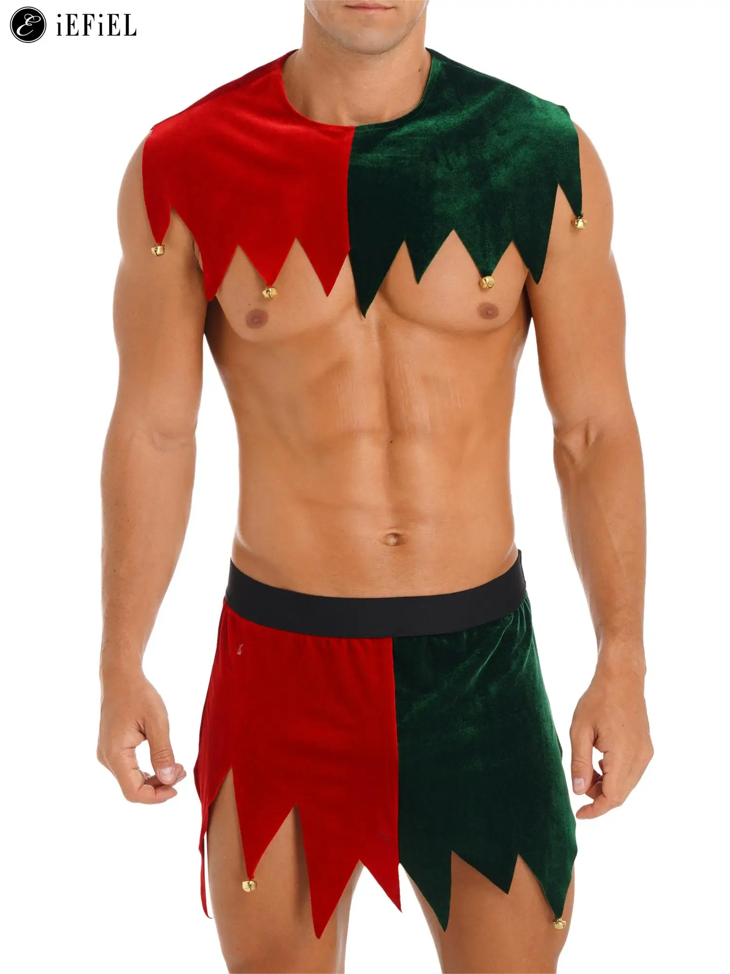 Mens Santas Helper Costume Christmas Elf Tinkle Bells Cosplay Xmas Suit Festive Outfit with Jagged Crop Tops and Shorts