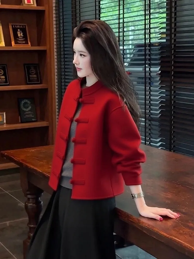 

Ele Red Cisas Sle Женское пальто Jaet Commute Faion Stand Fit Long Sve на пуговицах Китайский национальный Sle