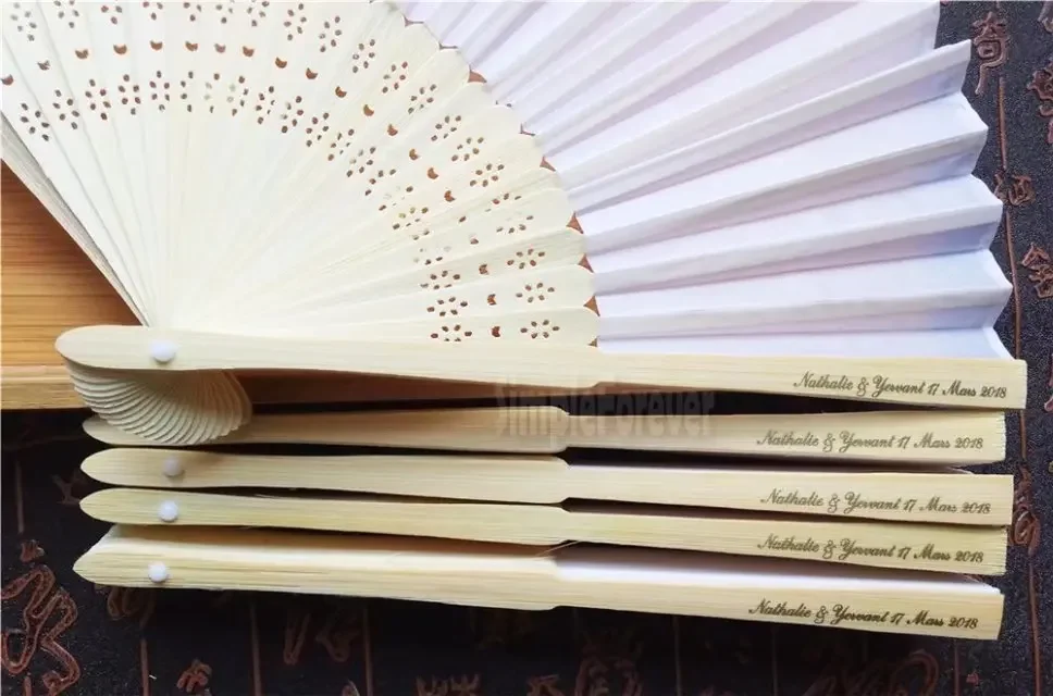 150pcs/lot Personalized Silk Hand Fan Silk Wedding Fan with Organza Gift Bag Packing