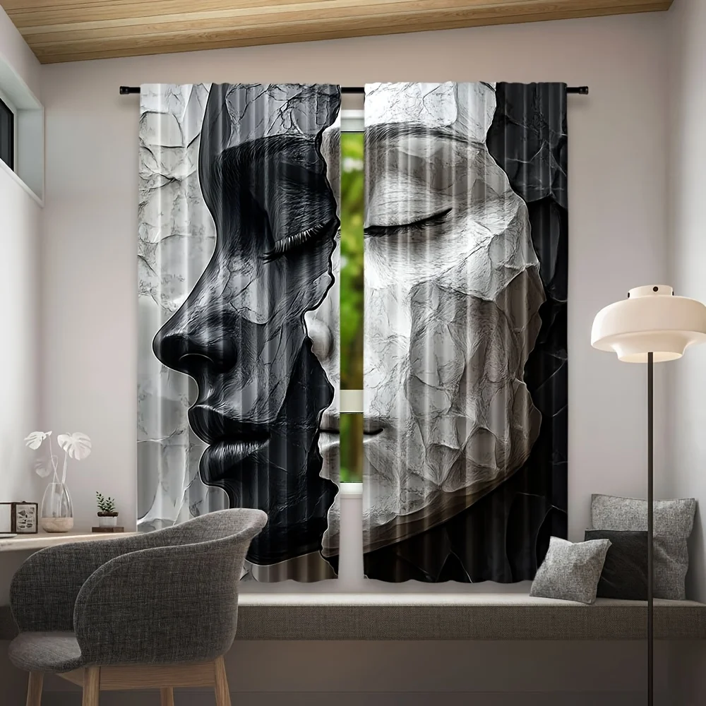 Abstract Face Curtain Panels,Black White Cracked Marble Human Face Art Print Drapes for Modern Bedroom Stylish Living Room Decor