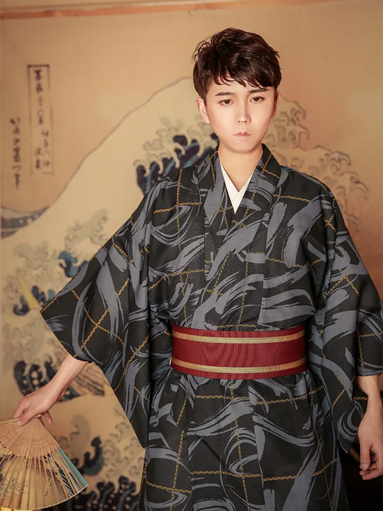 Traditional Japan Kimono Yukata Bathrobe and Obi Men Dressing Gown Japanese Samurai Cosplay Costume Male Lounge Robe with Belt