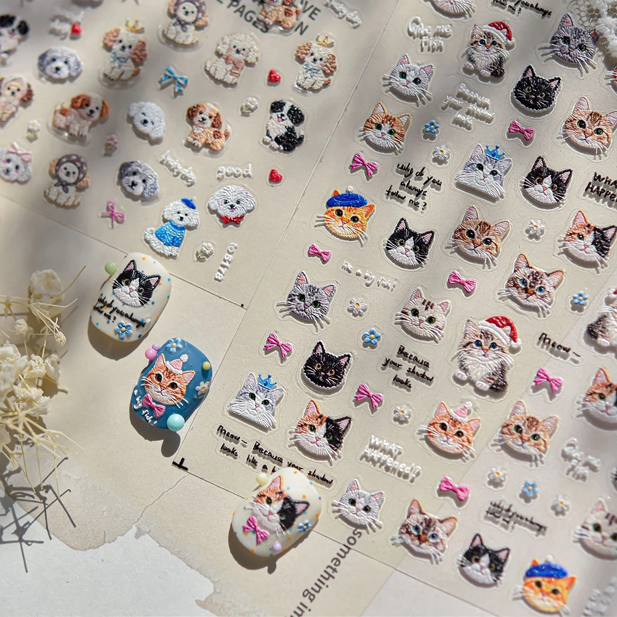 3 adesivi per nail art in rilievo con gattini, cani e orsi ricamati simpatico cartone animato - Squisite decalcomanie per nail art, unghie facili da applicare