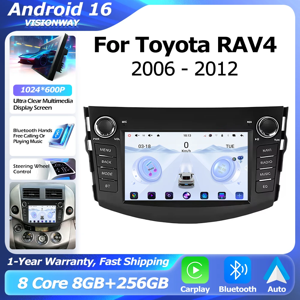 Bluetooth GPS For Toyota RAV4 2006-2012 Car Radio WIFI Android 16 Wireless CarPlay Lntelligent Multimedia Player Auto