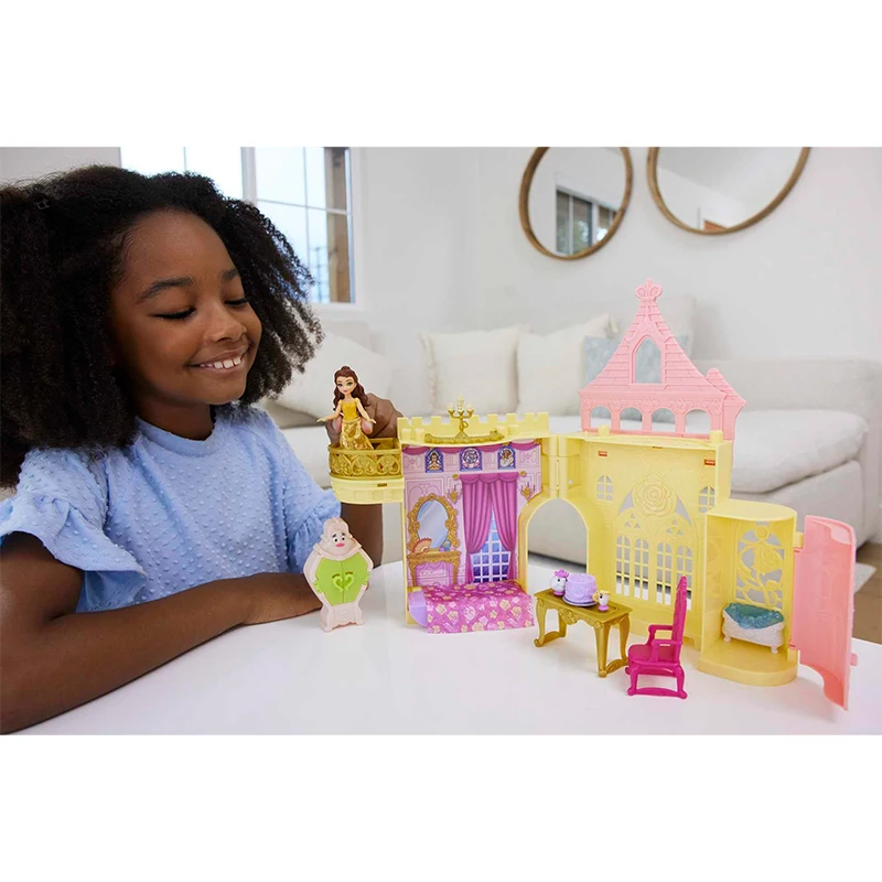 Disney Princess Mini Glitter Series Doll House Set para meninas, castelo empilhável Belle, Play House, brinquedos interativos, presentes de aniversário