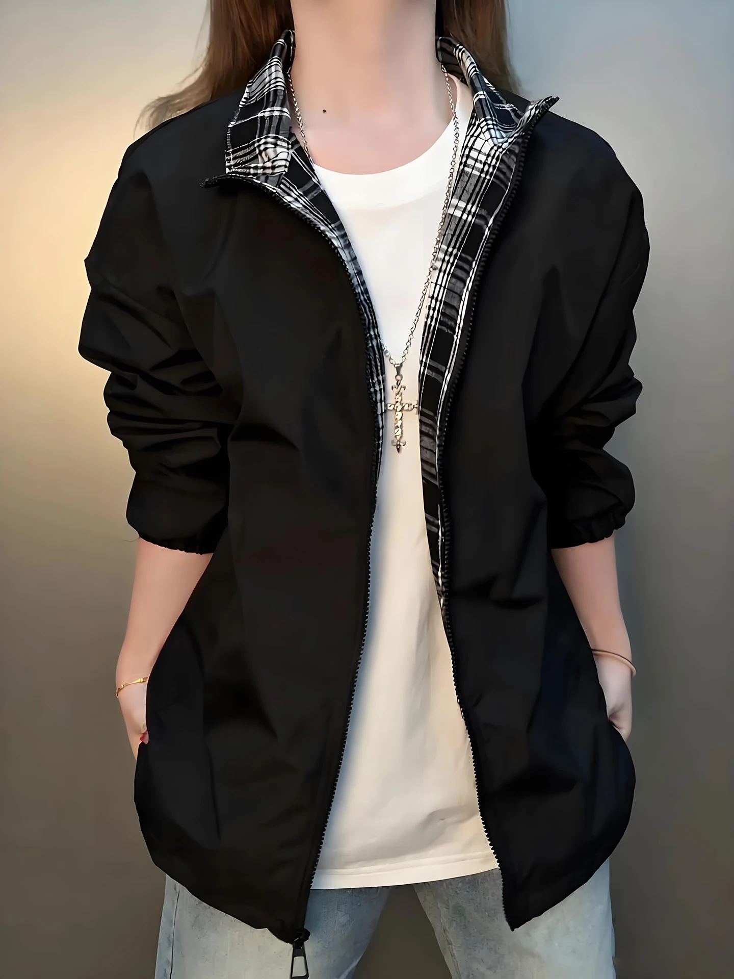 

American Sle Plaid Splicing Baseball Jaet Men's Spring Autumn College Couple Outerwear Cleanfit Stand Collar Long Sve