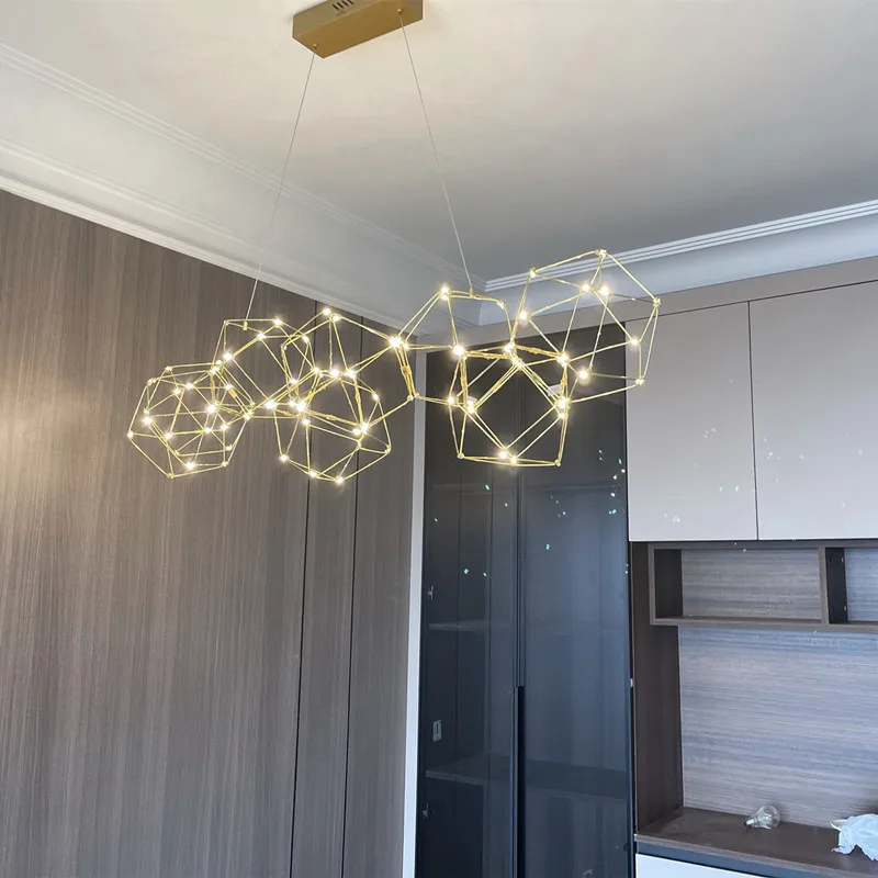 Modern Creative Polygonal Firefly Chandelier Nordic Design Stainless Steel Gold Silver Pendant Lamp Restaurant Decorative Light