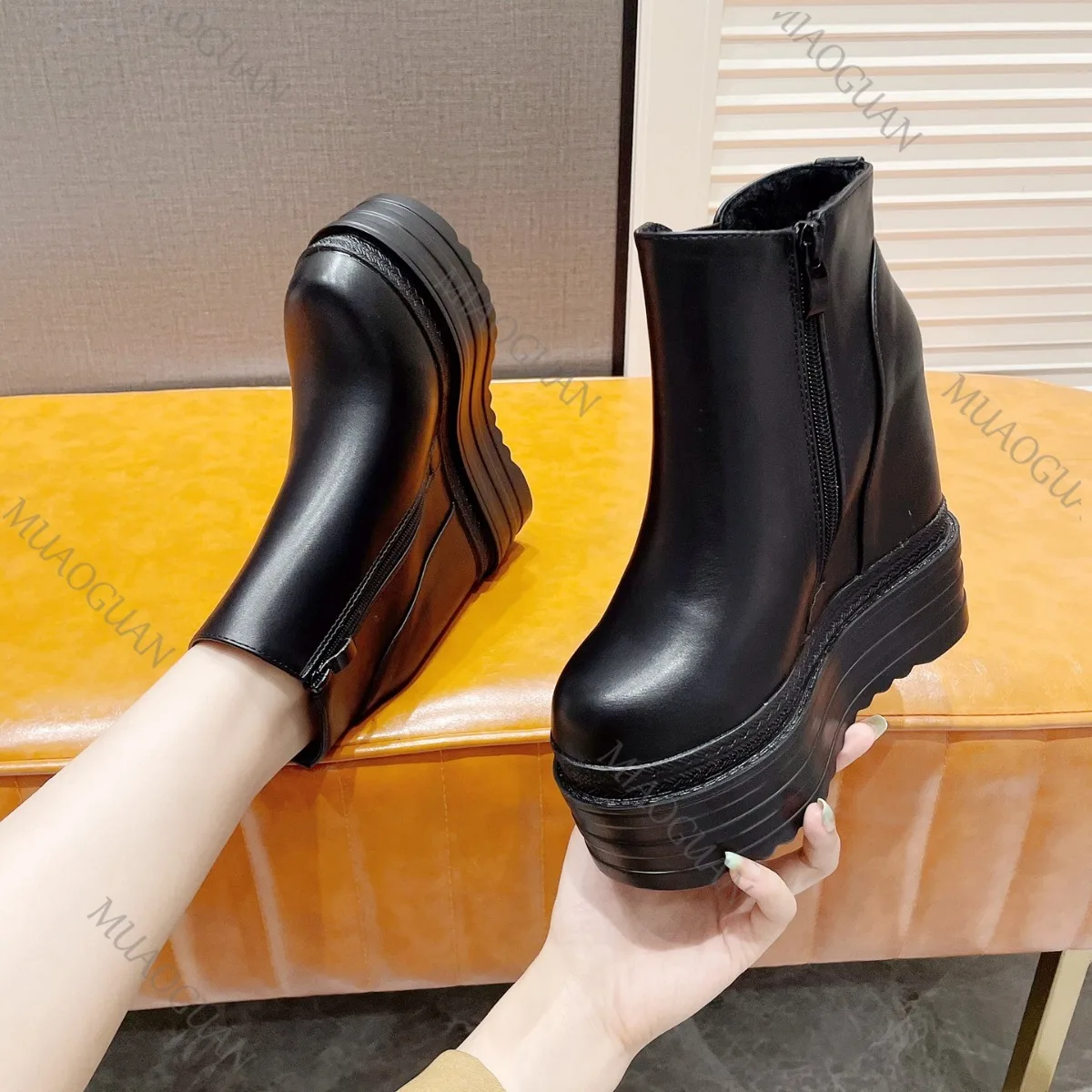 14CM Super High Heels Wedges Ankle Boots for Women Black Platform Punk Style Autumn Winter Women's Shoes Side Zip Short Botas