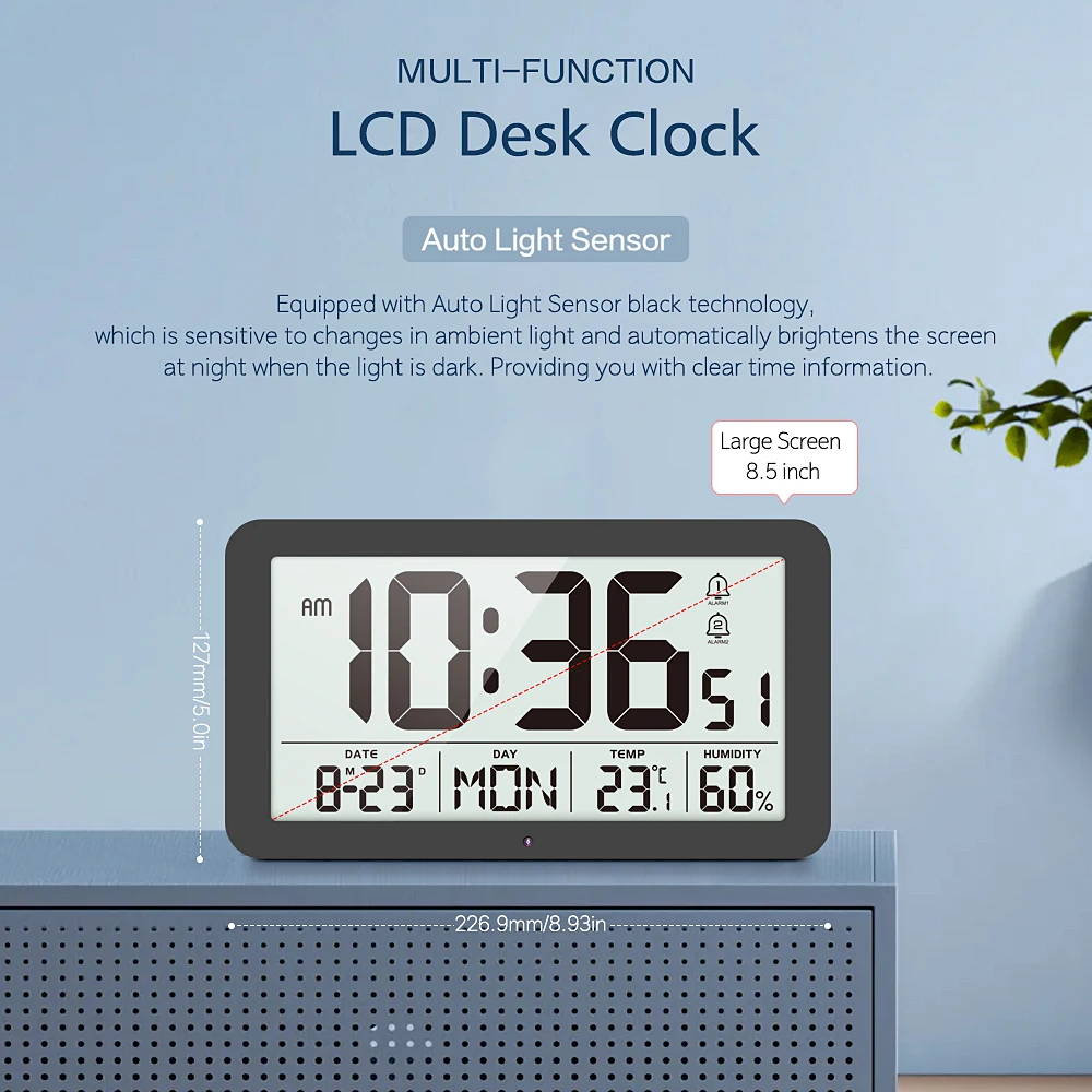 9 Inch Large Digital Wall Clock Temperature Humidity Date Week 2 Alarm Backlight 12/24H DST Auto Dimmable Snooze LCD Table Clock