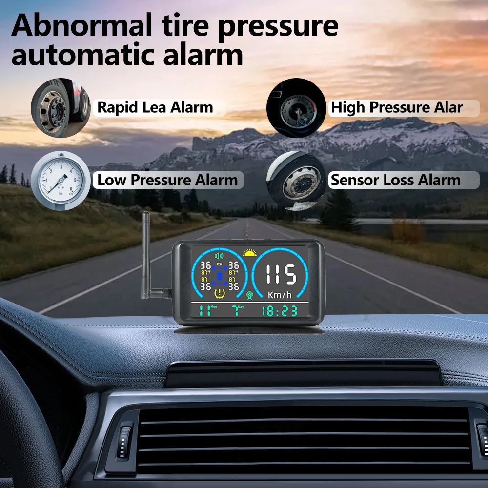 Solar USB Truck Bus TPMS with 6 External Sensors Wireless Tire Pressure Monitoring System LCD Display Real time Alarm Monitor