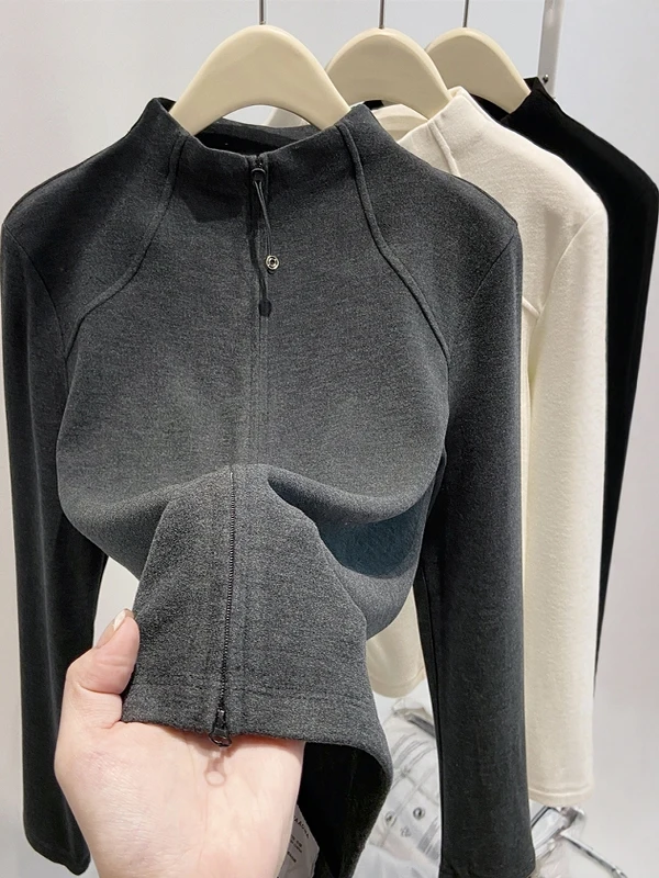 

Высококачественный облегающий женский свитер с высоким воротником и двойной молнией, открытый кардиган, корейский японский сле