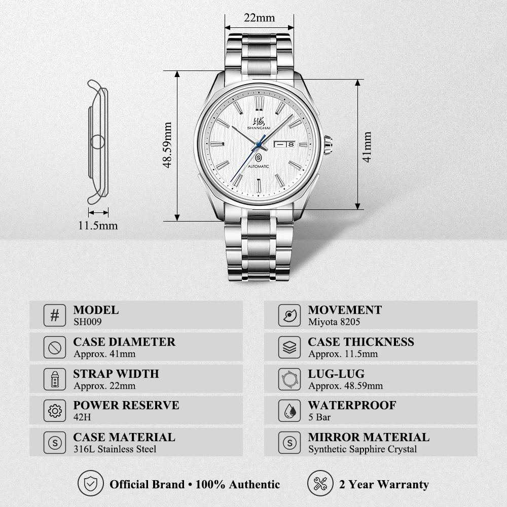 Shanghai Watch Men's Dress Automatic Watches 41mm Calendar 50M Waterproof Mechanical Wristwatch 316L Stainless Steel Clock SH009 - view 6