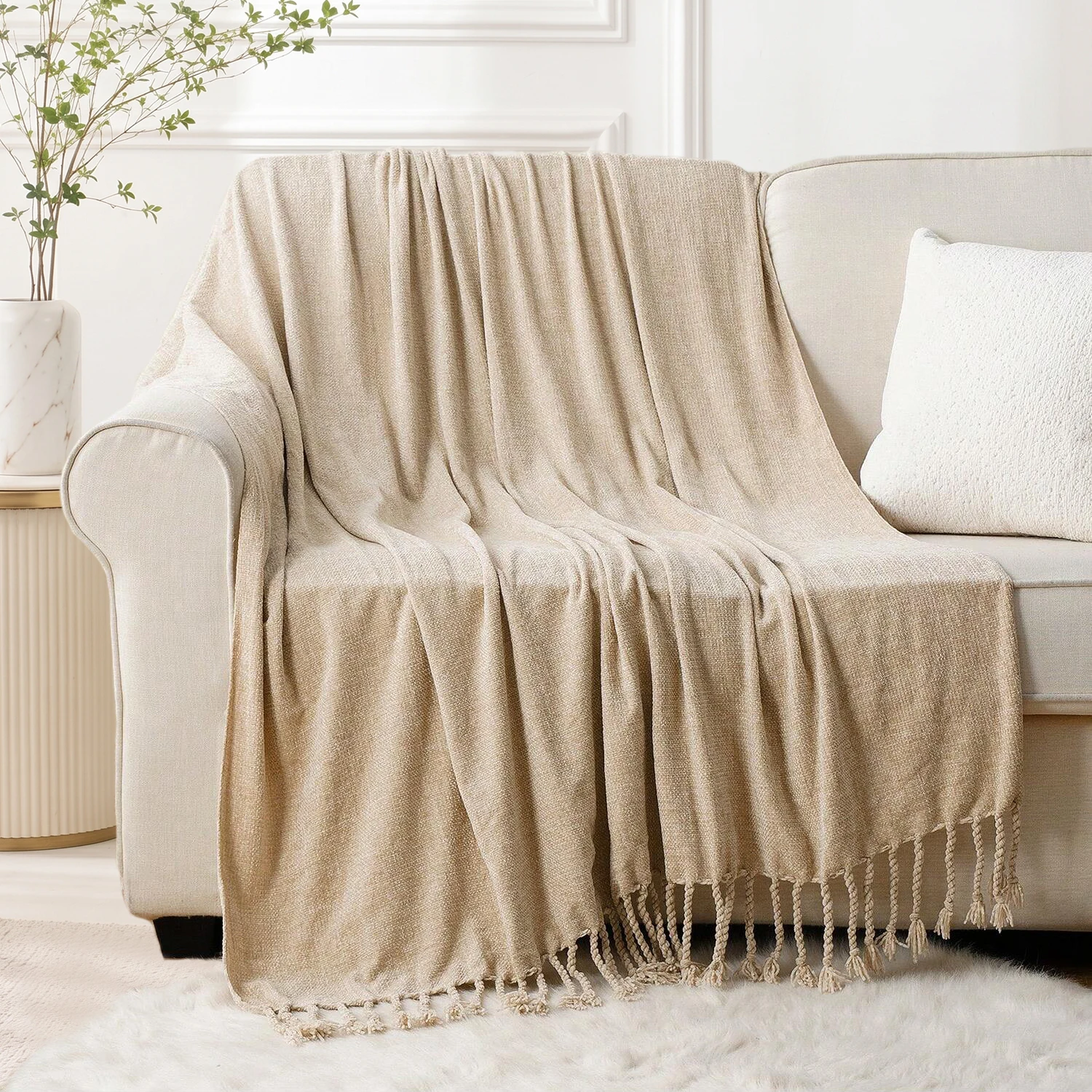 Battilo Chenille Throw Blanket With Fringe Tassels Decorative Lightweight Sofa Blanket Soft Cozy Knit Throws for Spring Decor