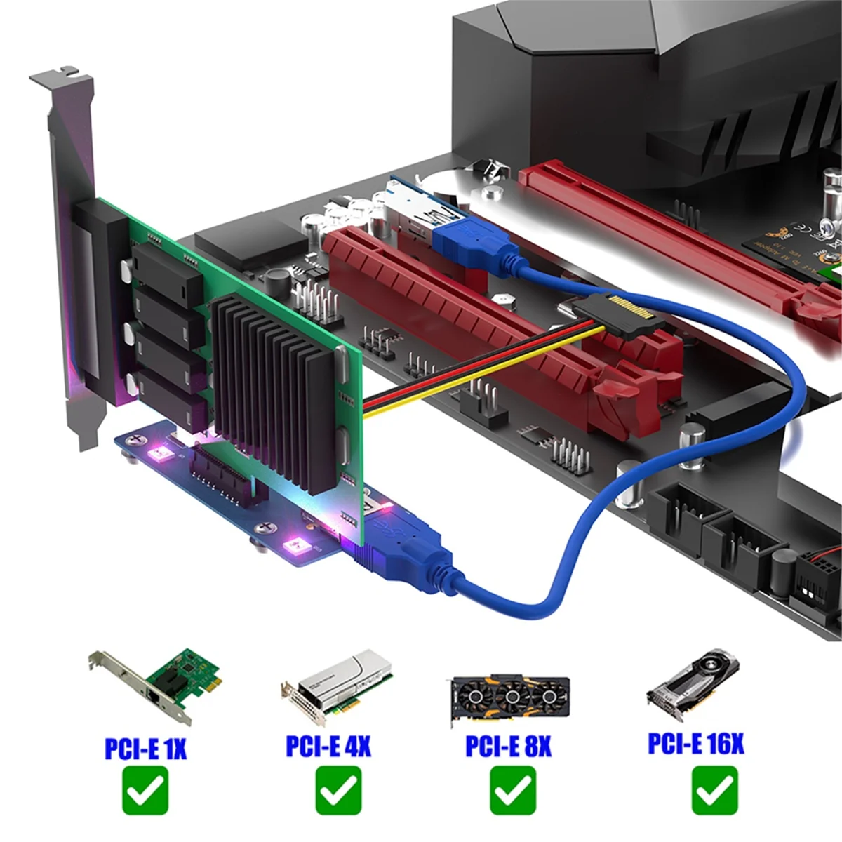 

ABJU 2 в 1 PCI Express PCI-E 1X до 1X/4x/8x/16x Riser Card с автоматической обесцвеченной светодиодной подсветкой