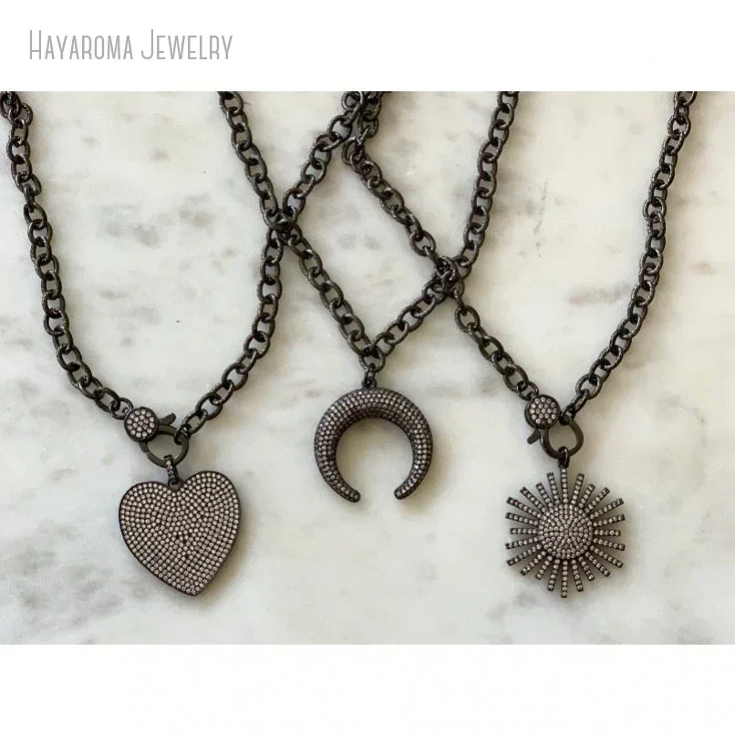 10Pcs Pave Crystal Gunmetal Starburst Moon Horn Heart Charm Short Necklace On Gunmetal Chain Choker