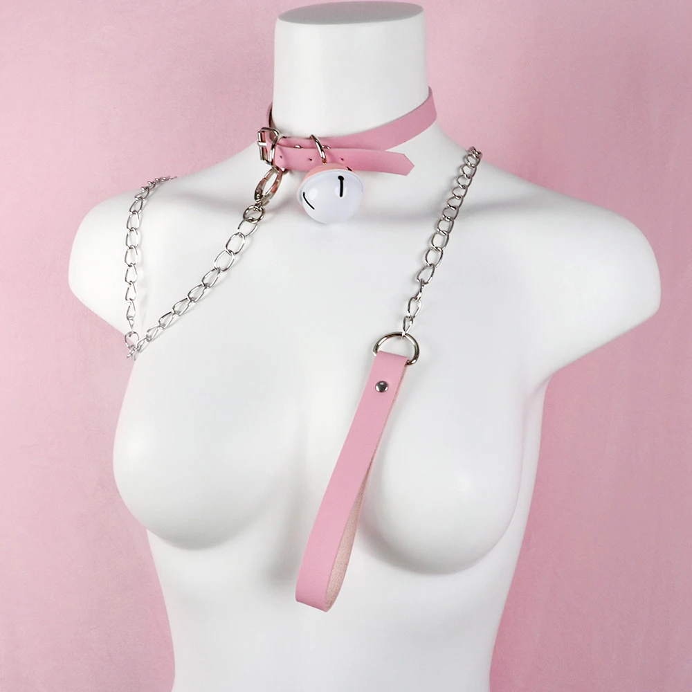 Slave Bed Bondage Pink Collar PU leather Neck Restraint with Chain Leash BDSM Erotic Sex Toys For Women Couples Adult Games