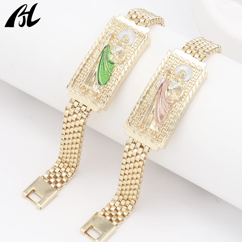 

Trendy 14K Oro Laminado Gold Plated Christian Catholic Religious Charm Bracelet San Judas Pendant Crystal Jewelry Watchband Men