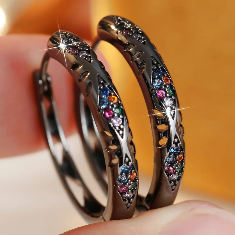 Fashion Delicate Colored Synthetic Zirconia Hollow Out Black Hoop for Women Earrings Luxury Temperament Banquet Festival Jewelry