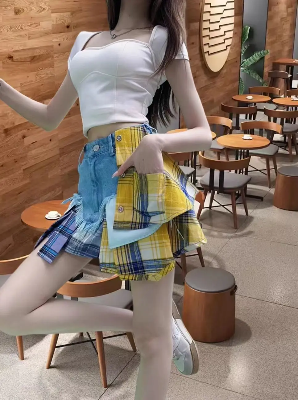 Streetwear Harajuku High Waist Casual Vintage Plaid Patchwork Denim Shorts Women Y2K Sexy Slim HotSweet 2000s Jean Shorts