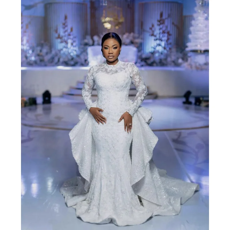 Custom African White Elegant Mermaid Wedding Dress Long Sleeved Decal Lace Sequins Detachable Tail Vestido De Novia