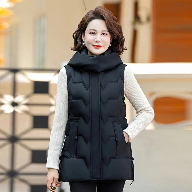 Woman Vest Autumn Winter Warm Down Cotton Vests Thick Removable Hooded Waistcoat Elegant Sleeveless Jacket Vest Coat Female 7XL