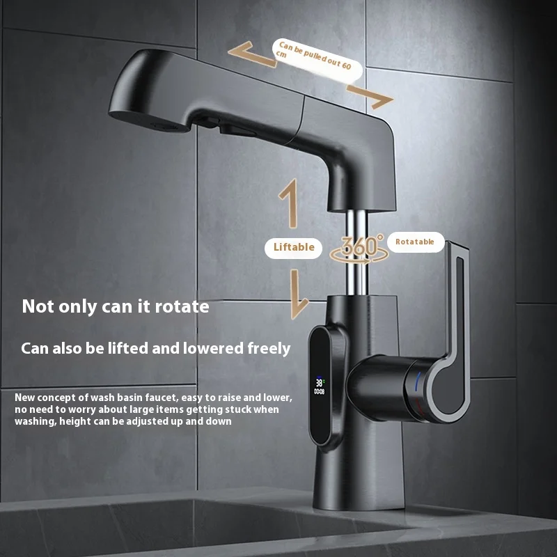 

Solid Brass Bathroom Sink Faucet - Cold Hot Water, Pull-Out & Liftable Spout, 360° Swivel, Retractable Design